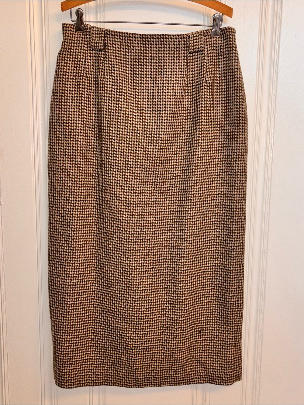 Vintage Doncaster brown tan 100% wool herringbone midi skirt heritage office